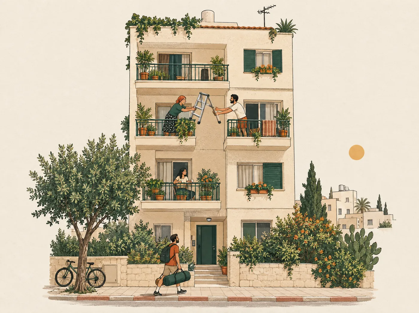 Two neighbours pass a folding ladder between balconies of a small apartment building